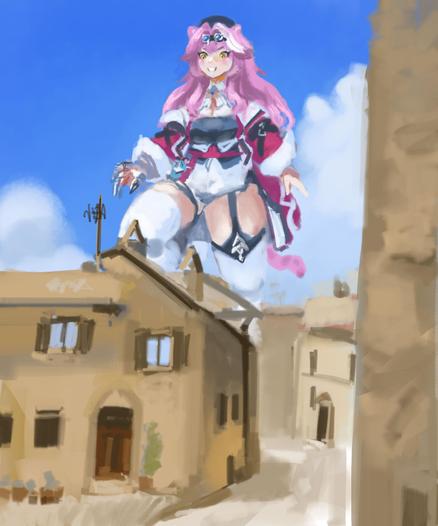 Digital painting of VTuber Raora Panthera as a kaiju, stomping through old Italian city