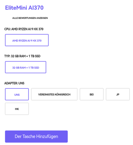 Screenshot eines Online-Shops mit schlechten Übersetzungen. US (USA) wird zu "UNS", AT (für Österreich) wird zu "BEI" und "Add to cart" wurde als "Der Tasche Hinzufügen" übersetzt.