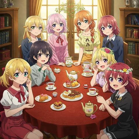 A charming anime-style illustration depicts a group of diverse young women, each with distinct hairstyles and bright, cheerful expressions, gathered around a richly decorated table laden with tempting pastries and steaming teacups. The soft lighting bathes the scene in a warm, inviting glow, creating a serene and friendly atmosphere. The scene exudes an air of warmth and connection, emphasizing the genuine friendship between the girls, with laughter and gentle conversation subtly filling the space. The girls have a wide range of skin tones and hair colors. A few of the girls have their hair styled in pigtails, and one girl has a flower crown in her hair. This visual narrative perfectly captures the essence of cherished moments shared among friends, highlighting that genuine connections hold far more value than mere quantity