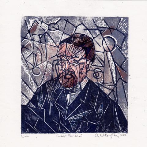 Cubism inspired linocut portrait of Henri Poincaré. The background is grey with brown, white and orange and lines and curves in dark blue. He wears a suit with bow tie in dark blue, has a beard and monocle and everything is broken into shapes and planes and his face in particular looks like it’s viewed from multiple perspectives simultaneously