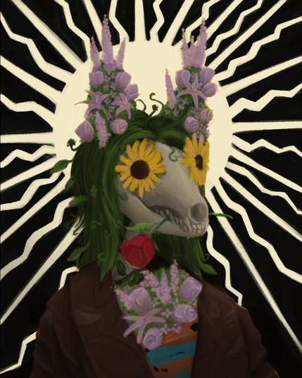 A color painting sketch of a fennec skull covered in foliage and flowers, mimicking the shape it once had in life. A sun-like halo shines behind her.