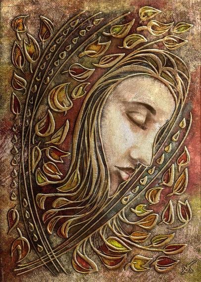 Stylized Illustration of the profile of a woman with closed eyes. Surrounding her is a heavily textured surface and raised lines suggesting leaf shapes. Colors are predominantly autumnal jewel tones of rich caramels, reds, and golds.
