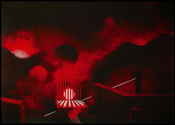 The image presents a surreal, dreamlike night scene set in a dramatic red and black color palette. A glowing red orb, partially caged by vertical bars, sits at the center of a striped platform, drawing immediate focus. The sky is dense with swirling red clouds and multiple dark celestial spheres, suggesting an otherworldly atmosphere. Abstract architectural forms frame the composition—sharp-edged, geometric structures emerge from the darkness, with some lines of bright white slicing through the scene like beams or rails. In the background, silhouettes of mountains rise under the blood-red sky, enhancing the feeling of isolation and mystery.