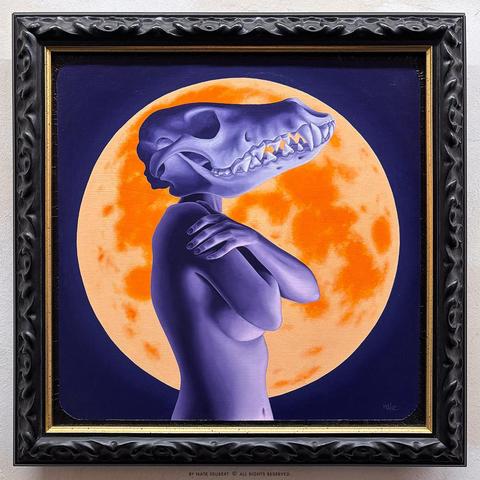 Oil painting of a woman with a large coyote skull as a head. Her arms are clasped across her chest. A full moon is behind her.