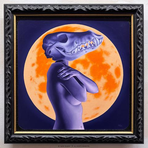Oil painting of a woman with a large coyote skull as a head. Her arms are clasped across her chest. A full moon is behind her.