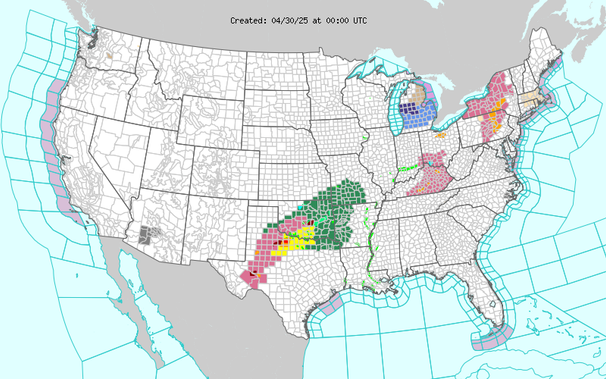 Short Range Forecast Discussion
NWS Weather Prediction Center College Park MD
300 PM EDT Tue Apr 29 2025

Valid 00Z Wed Apr 30 2025 - 00Z Fri May 02 2025

...Strong to severe thunderstorms expected from the interior Northeast, to
the Ohio Valley, to the southern Plains through this evening...

...Another round of strong to severe thunderstorms possible across
portions of Oklahoma, Arkansas, and Texas on Wednesday...

...Episodes of heavy rain will bring flash flooding concerns across the
south-central U.S. through early Thursday...

An elongated low pressure system and its trailing cold front continues to
track eastward across the upper Great Lakes this afternoon. Daytime
heating under a warm southwesterly flow ahead of the front will promote
the development of strong to severe thunderstorms across portions of the
interior Northeast and Ohio Valley through this evening. The Storm
Prediction Center continues to maintain an Enhanced Risk (level 3/5) of
severe weather with high winds and hail being the primary threats. The
front is expected to clear the entire Northeast by Wednesday morning,
ending the threat of severe weather as gusty westerly winds usher much
cooler and drier air from the Great Lakes into the Northeast ahead of a
high pressure system. The high pressure system will continue to settle
into the Northeast, bringing a chilly and dry morning into the region by
Thursday morning.

In addition to the severe threat across the interior Northeast and Ohio
Valley, severe