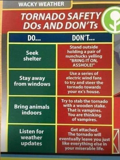 A two-column and four-row "Wacky Weather" sign about tornado warnings. It reads:

TORNADO DOs AND DON'Ts

DO: Seek shelter.
DON'T: Stand outside holding a pair of unchecked hollering "Bring it on, asshole!"

DO: Stay away from windows. 
DON'T: Use a series of electric wind fans to try and steer the tornado towards your ex's house.

DO: Bring animals indoors.
DON'T: Try to stab the tornado with a wooden stake. That is vampires. You are thinking of vampires.

DO: Listen for weather. 
DON'T: Get attached. The tornado will eventually leave you just like everything else in your miserable life.