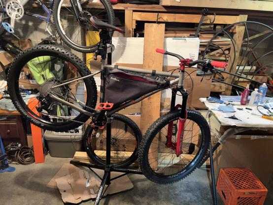 Photo of progress on mock-up and mounting planning for elements of Marin Pine Mountain eTrail bike project build.