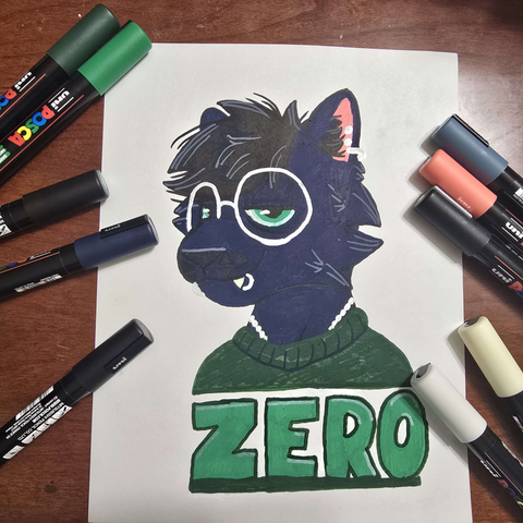 a traditionally drawn posca badge of an anthro black cat with darker hari and nose, green eyes, and a green sweater, in the same green as the eyes the name zero is under the bust