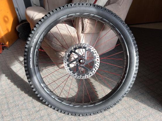 Photo of new front wheel for Marin Pine Mountain eTrail bike project build.