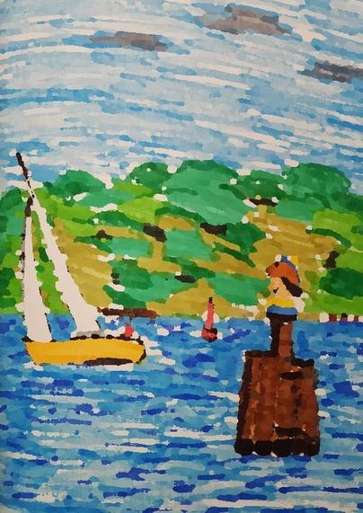 Blurred sketch of a slightly tilted sailboat passing one of the "Swedes Heads" (busts of bearded men with lion helmets in 16th century stile, fixed on wooden dolphins) that guard the harbour entrance of Wismar. Wismar was swedish territory for more than two centuries after the Thirty Years' War.