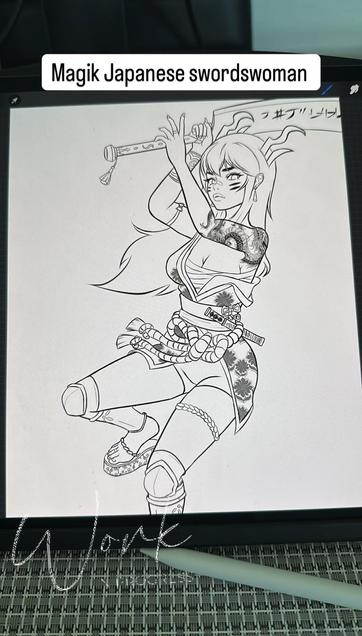 Work in progress of a drawing of Magik from Marvel rivals - sketch, dynamic pose, she is holding a sword and ready to strike