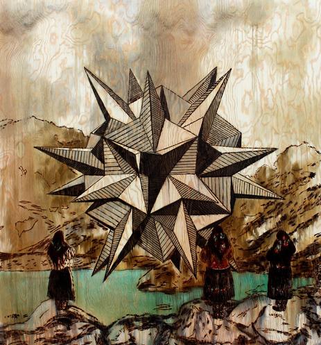 a complex, spiky geometrical form like a ball made of knives is floating in the air above a pool or part of a pond in a rocky mountainous terrain.  There are three women in traditional Indigenous American garb standing on the shore facing the thing with firm stances, spread out as though containing it or forming part of a circle around it