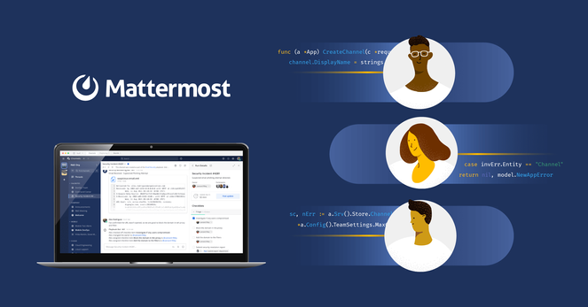 A screenshot of Mattermost on a laptop and some vector graphics of people on a dark blue background.
