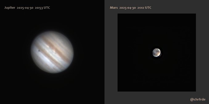 Composite of two planet images against black background. On the left the large circular disk of Jupiter with alternating white and brownish bands and a small black dot near the left limb. On the right a tiny reddish Mars with two large dark regions as well as the bright north pole clearly visible. Also Mars show some phase at 90% illumination.