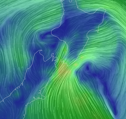 Wind map showing strong winds hitting the North island south coast.