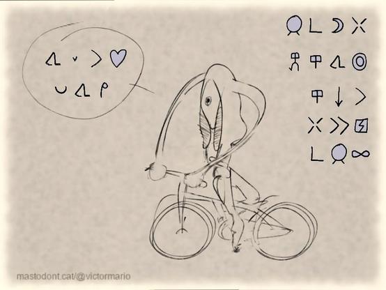 jan pi mun weka kepeken ilo tawa sike. ilo ni li weka e pakala pi jan ale. (persona d'un món llunyà amb bicicleta, aquest mitjà de transport que salvarà la humanitat, dient:) tawa lili li pilin pona tawa mi. (anar tranquil·let em fa estar bé)