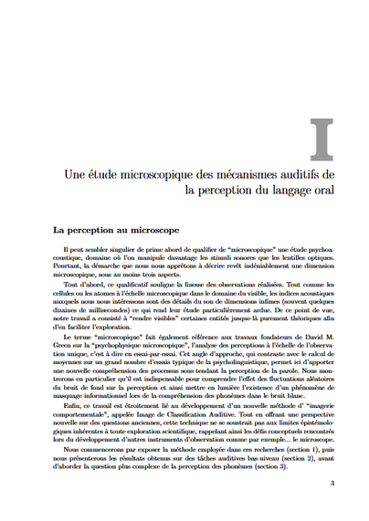 Première page de l'HDR. Titre : Une étude microscopique des mécanismes auditifs de la perception du langage oral.