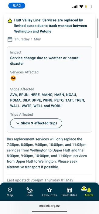 Screenshot of metlink website with the text: “Hutt Valley Line: Services are replaced by limited buses due to track washout between Wellington and Petone” and the affected services and stations.