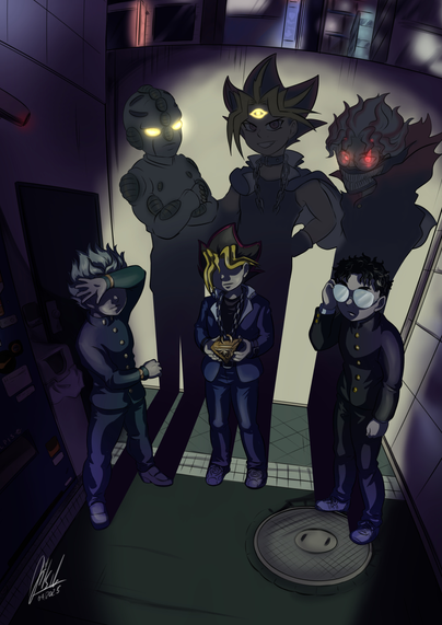 Illustration of 3 boys standing in a dark alley with their shadows showing someone else and some glowy elements. There is Koichi Hirose from JoJo’s Bizarre Adventure, a small boy with a greenish gakuran school uniform and hair styled up, he shades his eyes with one arm. His shadow is his stand Echoes, a humanoid figure with white skin or clothes, green round elements as decoration, and glowing yellow eyes that resemble flashlights. Then there is Yugi Muto from Yu-Gi-Oh, a small boy with black hair with red tips and yellow bangs that shade his eyes. He holds a golden reversed pyramid on a necklace and wears a blue gakuran uniform. His shadow is dark Yugi who looks almost like him but has a mean grin and a glowing yellow stylized eye on his forehead. The third is Okarun from Dandadan, a small boy with short black hair who wears glasses that refelct so his eyes are invisible. He wears a buttoned black gakuran uniform. His shadow is his superpowered self with white hair that points up, red eyes and red streaks on his face, and a mask abpve his nose and mouth that depicts mean teeth.
