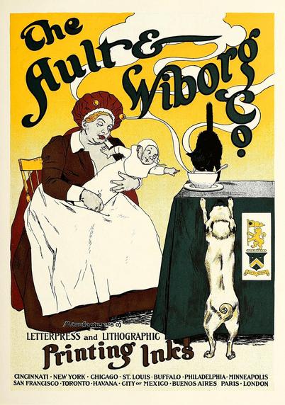 A late Edwardian poster featuring an Art Nouveau style illustration by Henry or Henri Gerbault showing a flustered wet-nurse watching a cat sneaking food from a steaming bowl on the table, while a dog leans up to attempt the same and the baby she's wet-nursing reaches out to the same bowl, taken from one originally designed for an 1890s poster for Chocolat Carpentier, and advertising the printing inks of the Ault & Wiborg Co of Cincinnati.