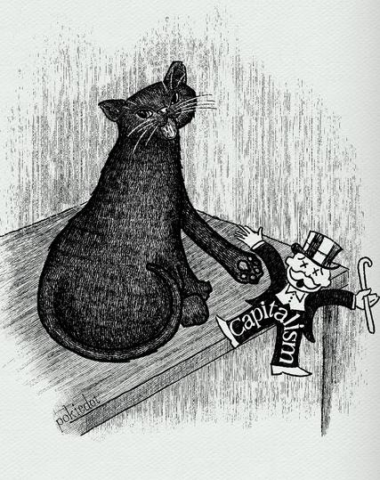 A digital pen and ink drawing of a black cat sitting on a table turning towards the viewer. The cat is knocking a “monopoly man“ with the words “capitalism “on him off the table.