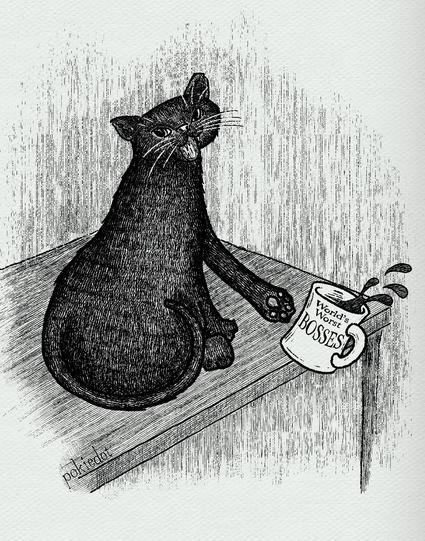 A digital pen and ink drawing of a black cat sitting on a table turning towards the viewer. The cat is knocking a full mug of coffee with the words “world’s worst bosses“ on the mug off the table.