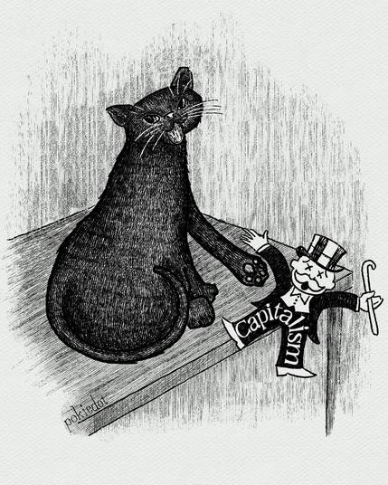 A digital pen and ink drawing of a black cat sitting on a table turning towards the viewer. The cat is knocking a “monopoly man“ with the words “capitalism “on him off the table.