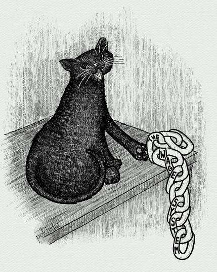 A digital pen and ink drawing of a black cat sitting on a table turning towards the viewer. The cat is knocking a pile of chains with the words “the wage system“ off the table.