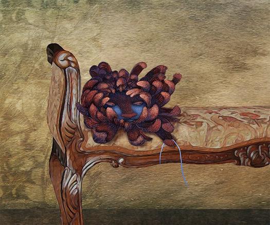 In a stark brownish room, in front of a wallpaper decorated with symbols, sits a rather unusual, disgruntled pinecone-shaped creature on a Chenille upholstered bench. Grasped in one of its multiple claws, a broken piece of blue yarn. This explains the mildly distressed expression on its face, with is barely hidden within the cone. Underneath the chair, the full skein safely resides, away from its occupants ire. You cannot hear it, but it is growling without humor. I highly recommend staying far away, for the time being. :-)