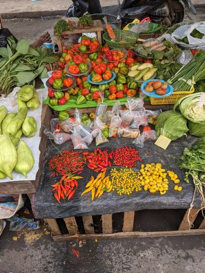 A street market stall featuring many kinds of chilis and other vegetables