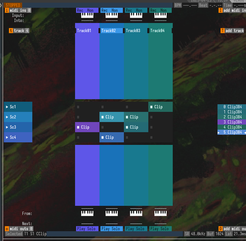 screenshot of text mode midi arranger in lovely turquoise