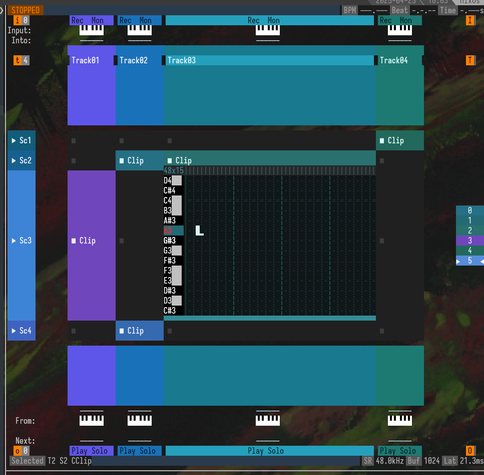 screenshot of text mode midi arranger containing embedded sequencer