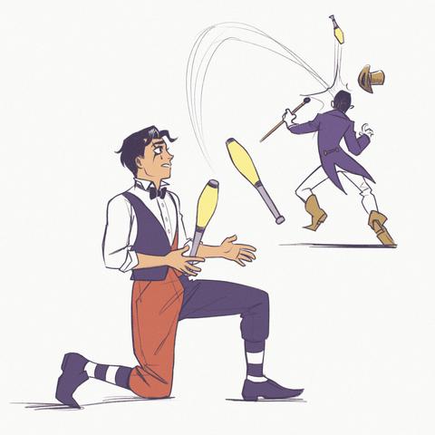 Panicked Jack juggling clubs with one of them hitting presumably a ringleader on the head