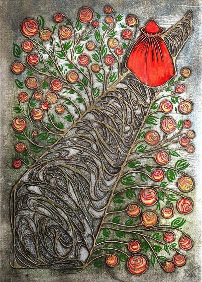 Stylized illustrated Art Nouveau piece featuring the back view of a red cloak, walking on a path surrounded by stylized flowers. Highly textured and abstract. Main colors are reds, grays and greens.