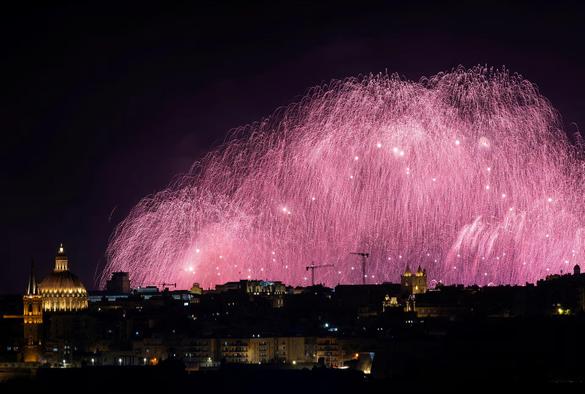 A cloud of pink fireworks, looking like an enormous wisteria.