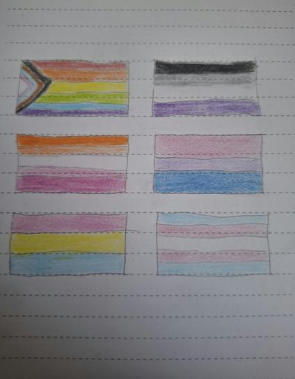 Picture of drawings of pride flags, progress pride, asexual, lesbian, bisexual, pansexual and trans flags.