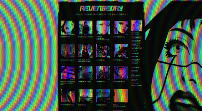 The image shows a stylized webpage with a grid of album covers or images. It has a dark background with neon and cyberpunk aesthetics. On the right side, there is a large, partial illustration of a woman's face with glasses, drawn in a comic style.