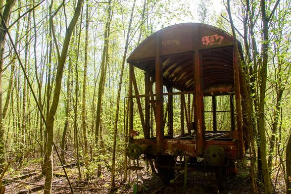 an old train car sitting abandoned in the forest. its on old rails and Theres a second set of rails on the left beside it.