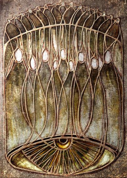 Heavily textured digital art piece featuring raised lines and multiple layers of paint. Tones range from deep acid greens to burnt oranges and yellows, brown grays and dark taupes. composition features several figures with ghost white faces and a large multi-colored eye below. Above is an arch with dark figures looking on.