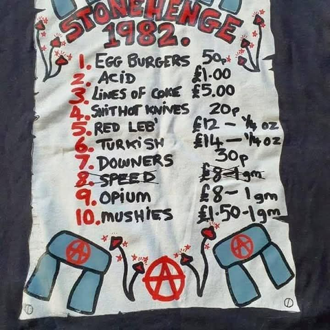 price list of (illegal) drugs at Stonehenge Free Festival 1982