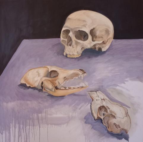Peinture nature morte, crâne humain et animaux