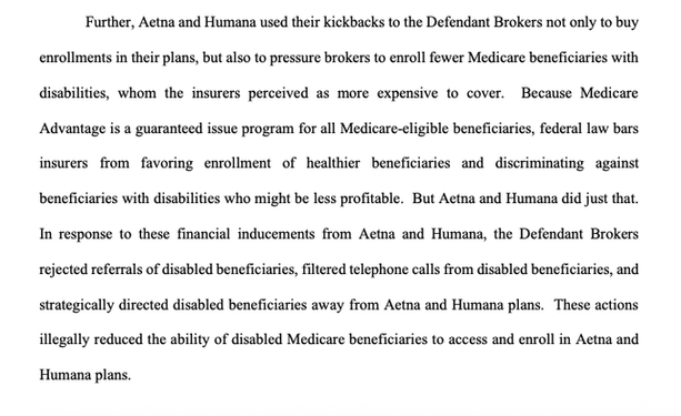 Text excerpt discussing allegations against Aetna and Humana regarding discriminatory practices against disabled Medicare beneficiaries. It details how the companies pressured brokers to limit enrollments of disabled individuals and the implications of these actions.