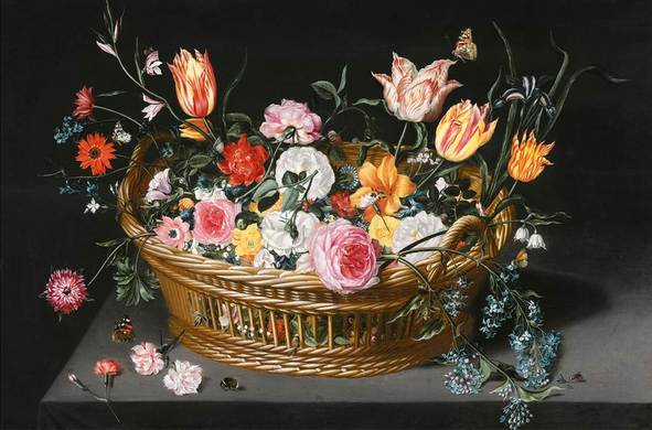 A Baroque-era painting of flowers in a basket on a stone ledge. The flowers include tulips, roses, lily-of-the-valley, rananculus, cornflowers, and an iris.