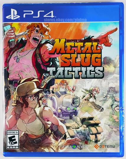 picture of case for Metal Slug Tactics on PS4
The game's logo os overlaid on an Illustration of its 4 main characters charging forward at generic enemies. A blonde white woman holds a rifle. In front of her a white man with orange hair and shades rides in the metal slug tank. in front of him a blonde white man in a red vest holds a phone and points. In front of him a busty white woman in glasses and a tanktop and shorts holds a handgun