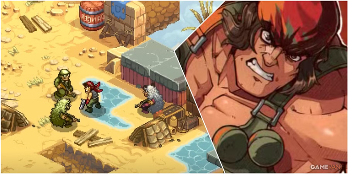 Screenshot of Metal Slug Tactics. an Illustration of Ralf Jones, a tan muscular man wearing a red bandana and a military vest, is overlaid on top of a isomeric pixel art gameplay scene of him surrounded by enemies