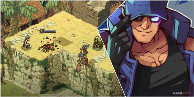 Screenshot of Metal Slug Tactics. an Illustration of Clark Still, a tan muscular man wearing a blue cap, open blue vest, and blank shirt, is overlaid on top of a isomeric pixel art gameplay scene of him looking at enemies