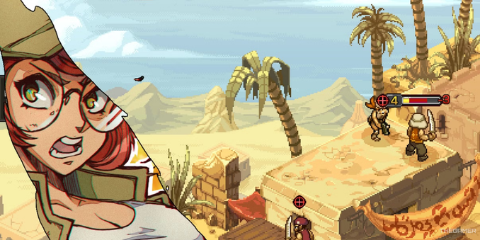 Screenshot of Metal Slug Tactics. an Illustration of Fio Germi a busty white woman yelling while wearing glasses, a hat, white shirt, and  military vest, is overlaid on top of a isomeric pixel art gameplay scene of her pointing a gun at an enemy