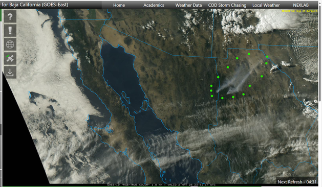 Forest fire smoke in northern Sonora and Chihuahua, Mexico...encircled in green dots.