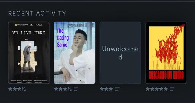 Recent letterboxd activity:

- we live here (3.5/5)
- the dating game (3.5/5)
- Unwelcomed (3/5)
- Buscando un burro (5/5)